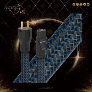 Close-up of premium braided audio cables with gold-plated plugs, labeled MONSOON, set against a dark decorative background with Audio Arte branding.