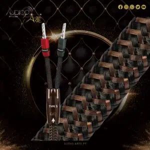 Premium braided speaker cables with red and black connectors, labeled TYPE 5, featured in a dark, glossy advertisement for Audio Arte products (audio-arte.pt).
