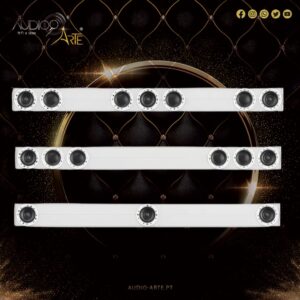 Promo banner showing three white speaker bars with multiple drivers on a dark gold patterned background (Audio-Arte promotion).